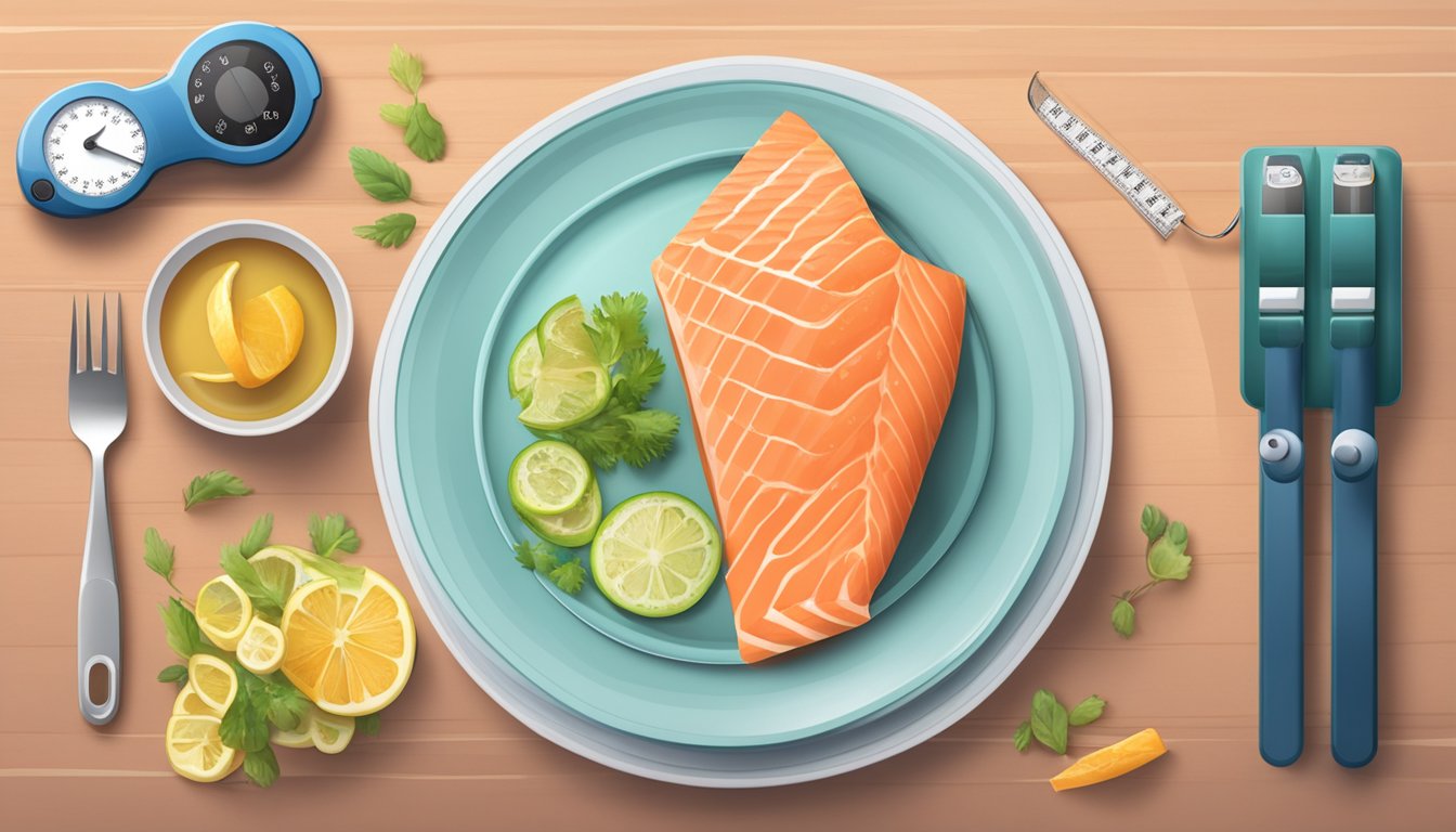 A plate of salmon with a measuring tape and a diabetes monitoring kit nearby