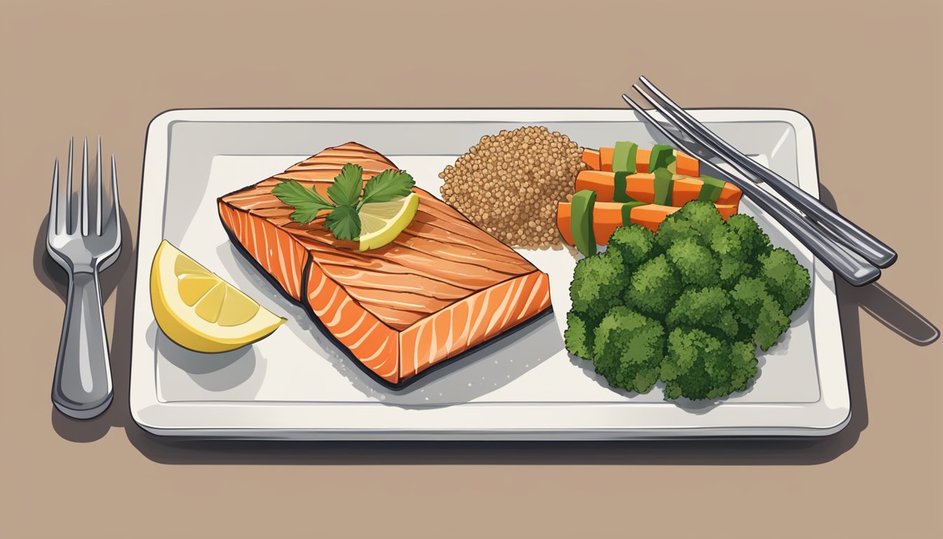 A plate with a portion of grilled salmon, a side of steamed vegetables, and a small serving of quinoa, all arranged in a balanced and visually appealing manner