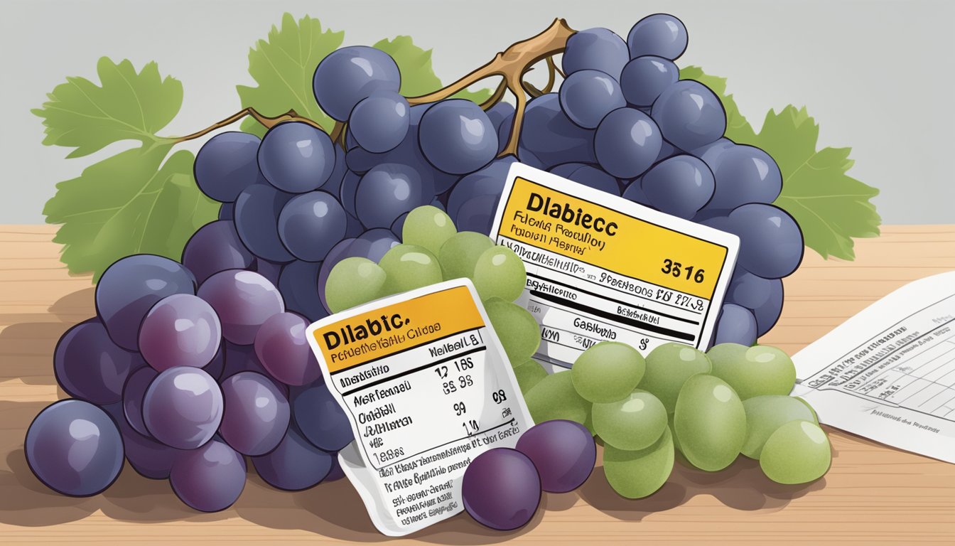 A bunch of grapes next to a nutrition label, with a diabetic-friendly portion highlighted