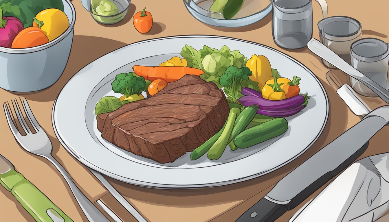 A plate with a portion of lean beef, surrounded by colorful vegetables and a measuring cup to indicate portion size