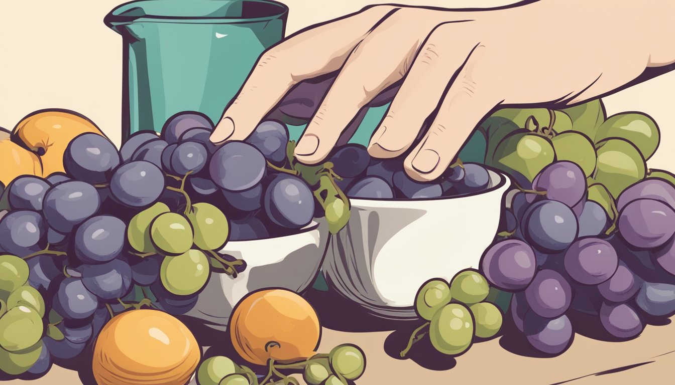 A hand reaching for a small bunch of grapes, with a measuring cup nearby to indicate portion control