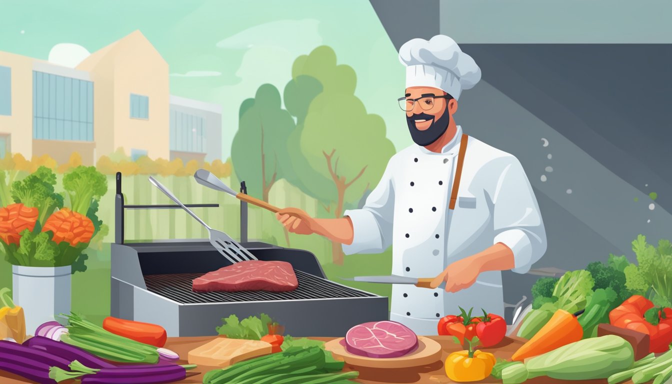 A chef grilling lean beef on a barbecue, surrounded by colorful vegetables and using minimal oil