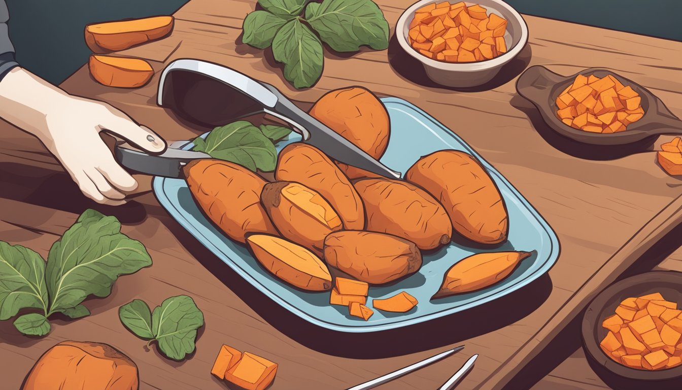 A diabetic carefully measuring and portioning out a serving of sweet potatoes onto a plate