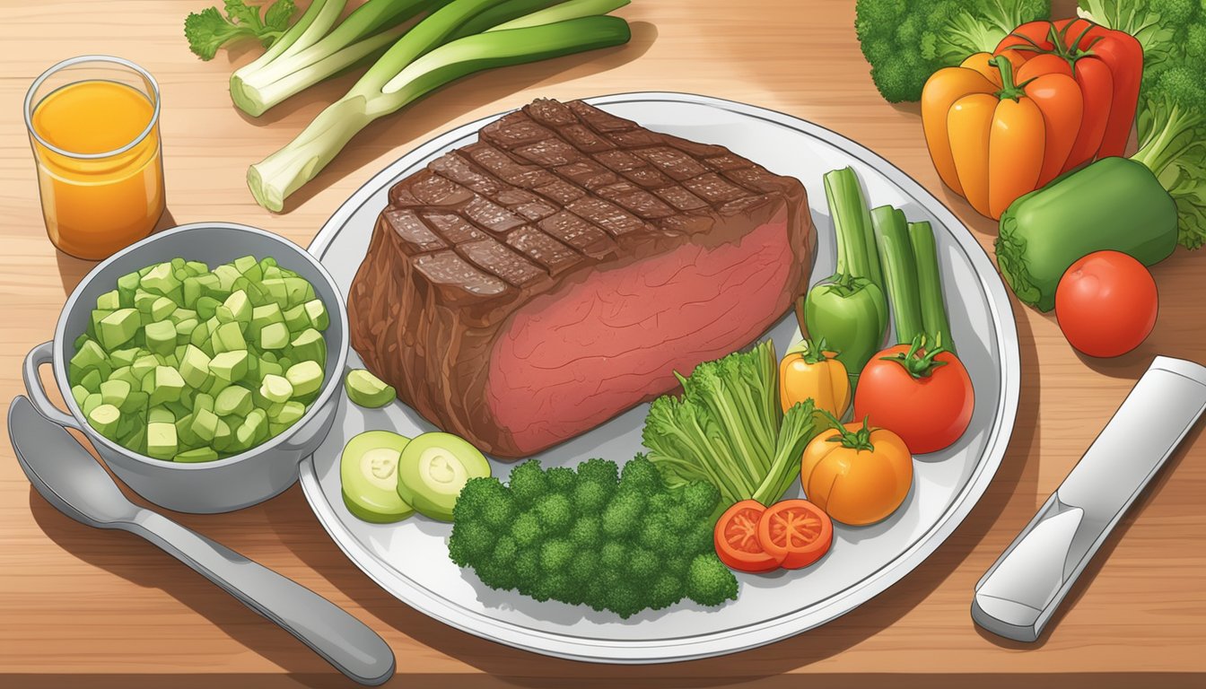 A plate of lean beef surrounded by vegetables and a measuring cup, with a nutritional chart in the background