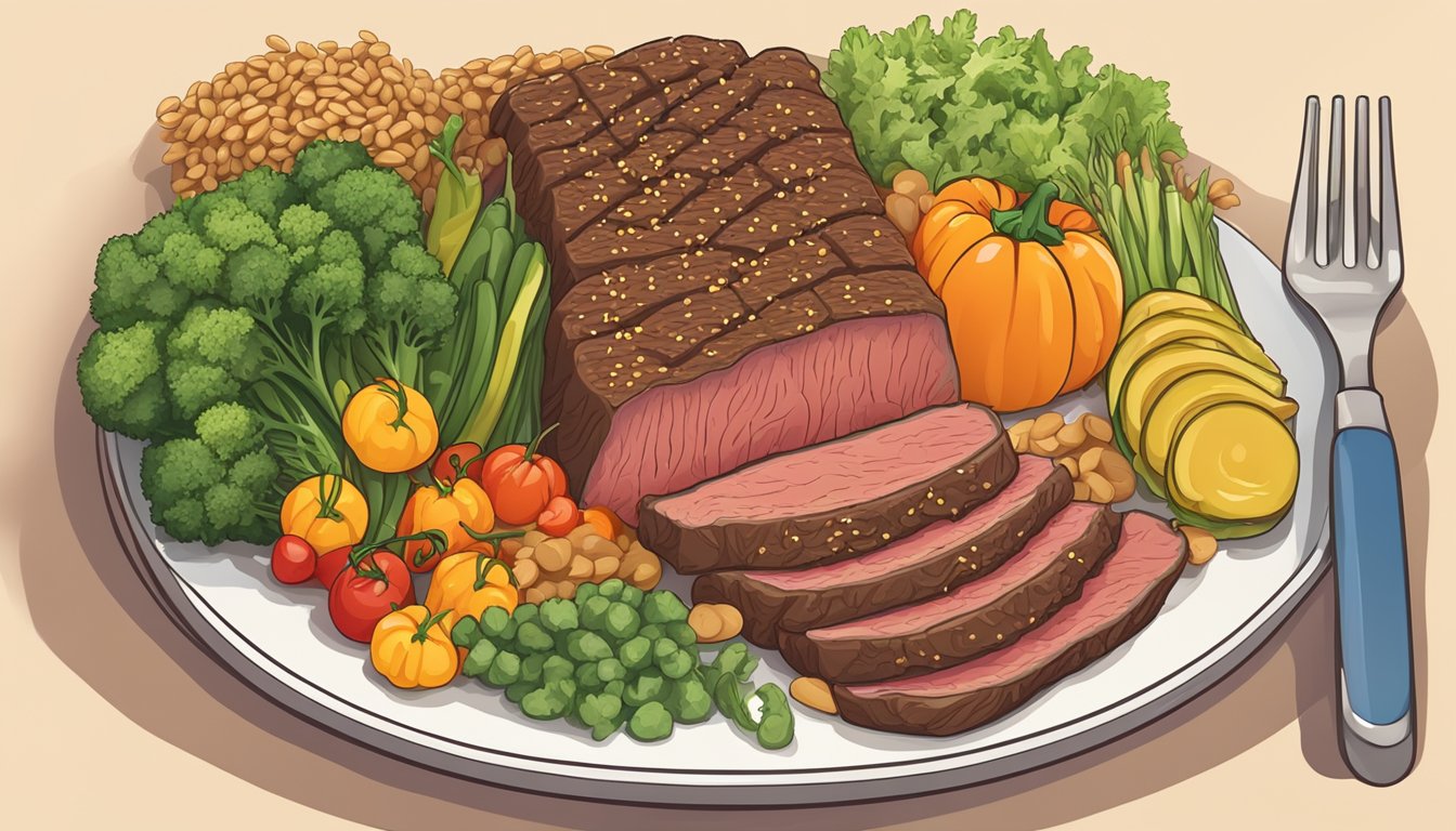 A plate with a measured portion of lean beef, surrounded by colorful vegetables and a small portion of whole grains