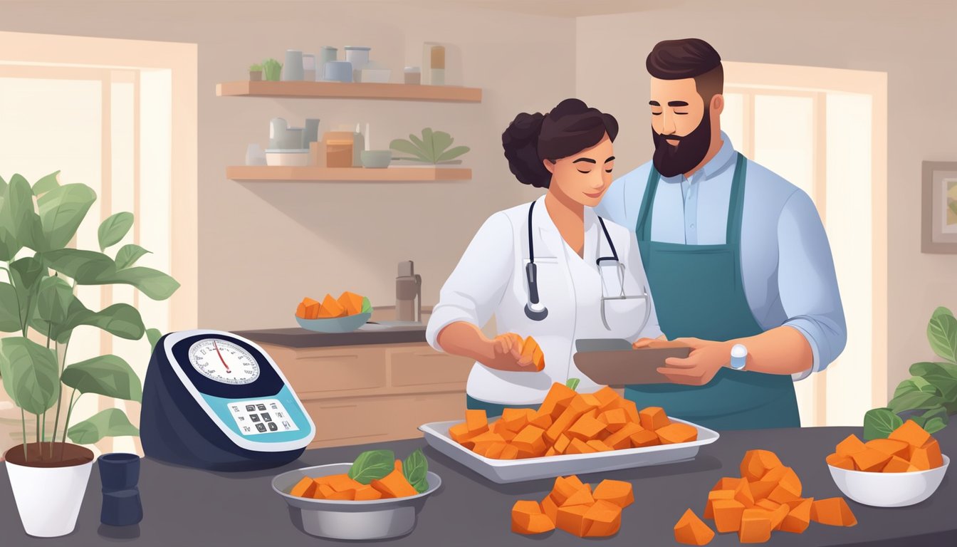 A diabetic measuring sweet potato portions with a food scale and consulting a nutritionist for guidance