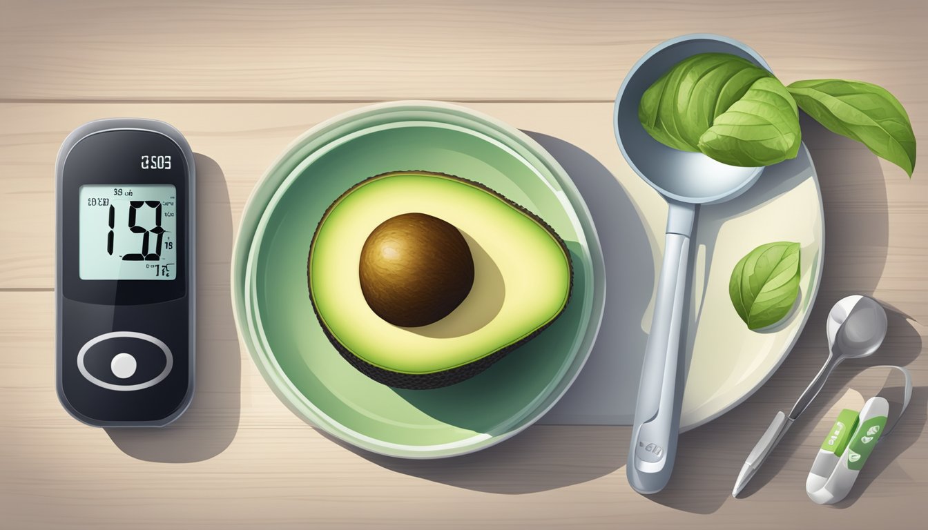 A plate with a portion of avocado next to a measuring cup and a diabetes monitoring device