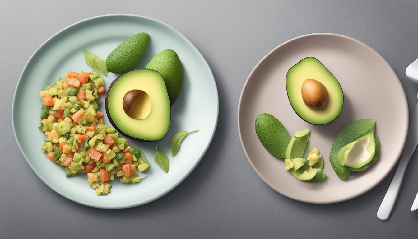 A plate with a measured portion of avocado next to a diabetes-friendly meal