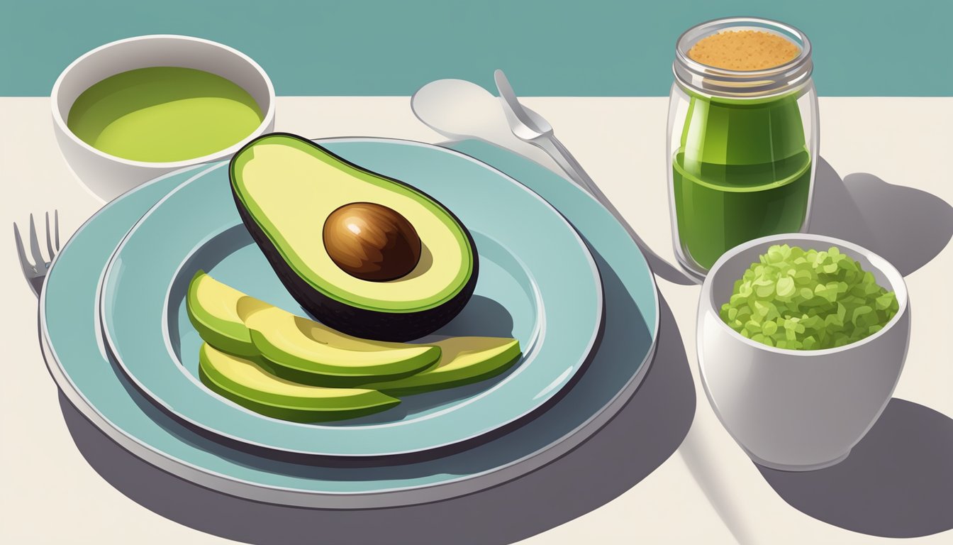 A plate with a measured portion of avocado next to a diabetic's meal