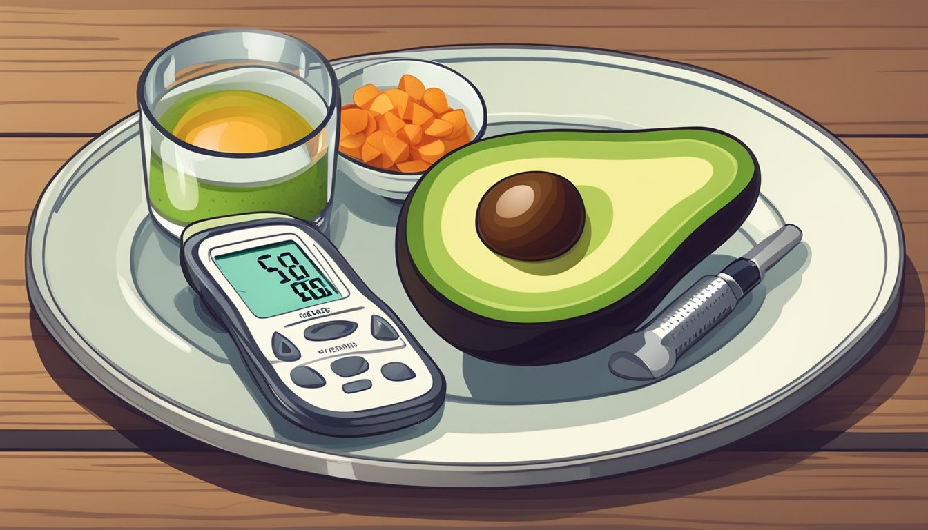 A plate with a sliced avocado, a measuring cup, and a blood glucose monitor on a table