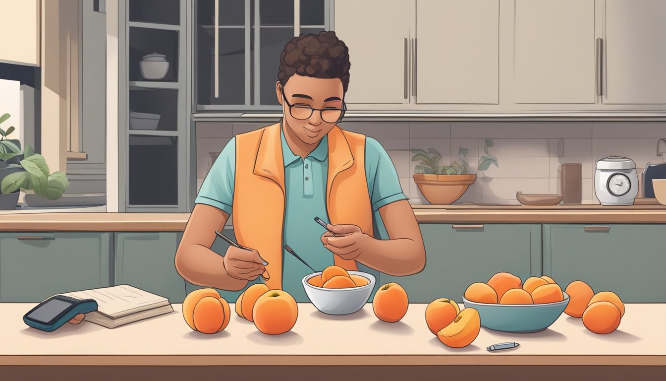 A diabetic person sitting at a kitchen table with a bowl of peaches, a glucometer, and a notepad, carefully counting and recording the number of peaches they are eating