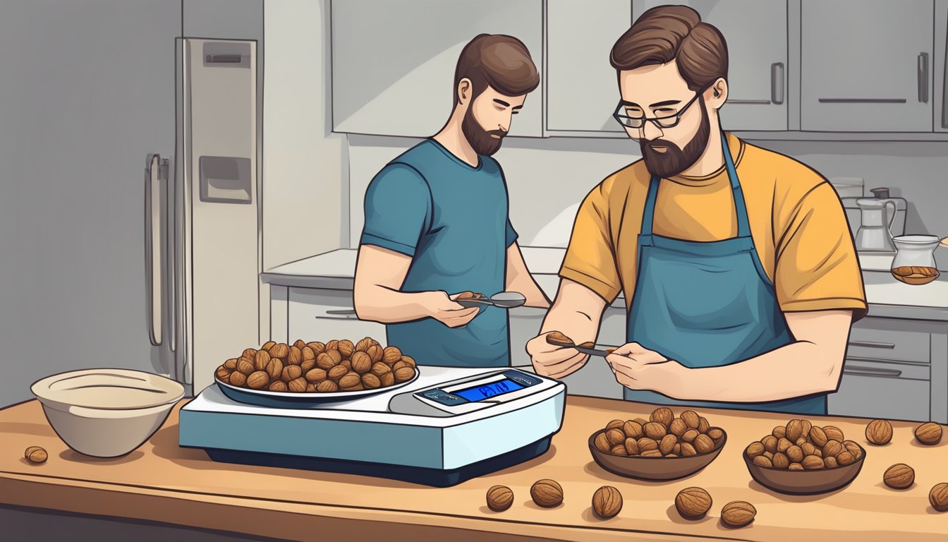 A diabetic carefully counting and measuring walnuts on a kitchen scale