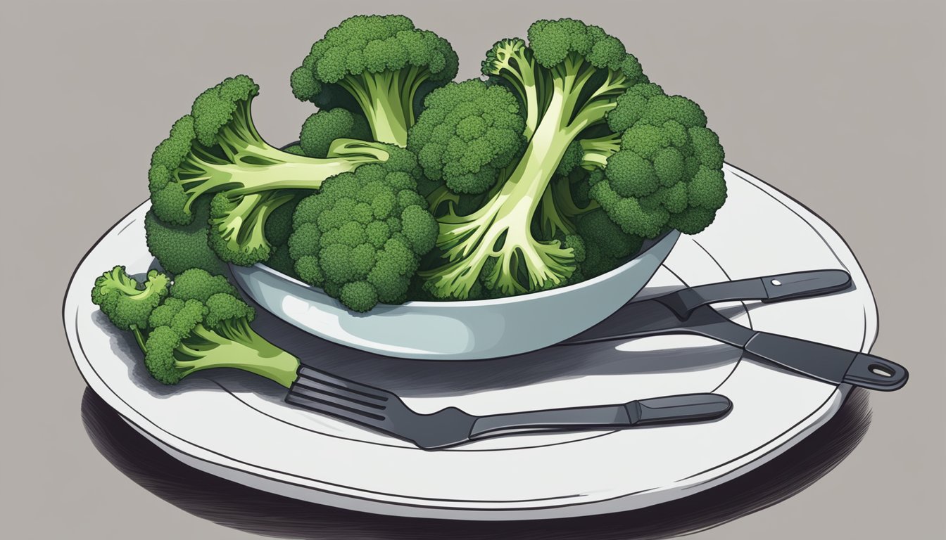 A plate of broccoli with a measuring cup next to it