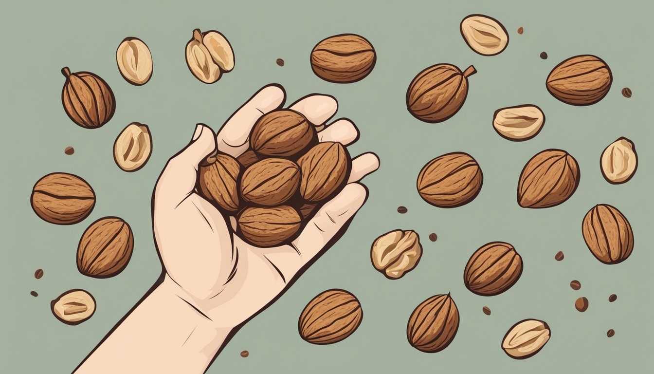 A diabetic person holding a handful of walnuts, with other nuts scattered around, showcasing a comparison of portion sizes