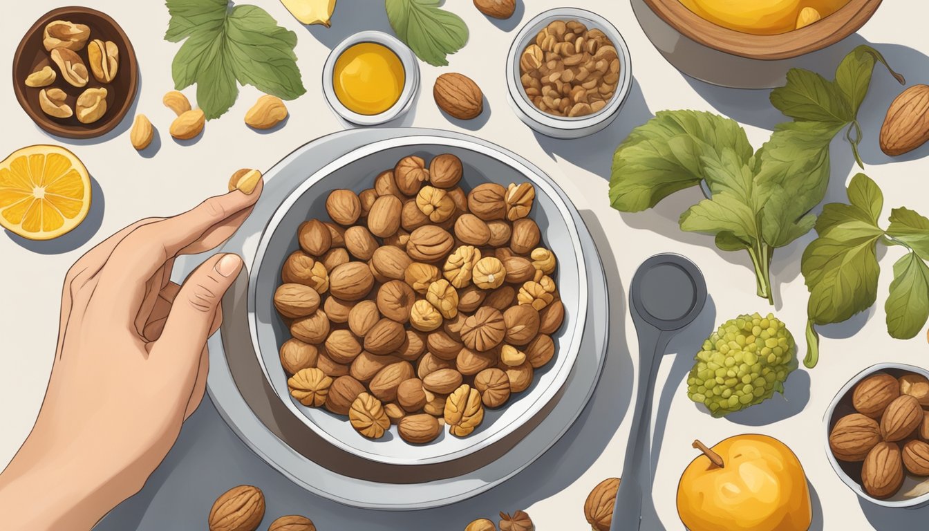 A bowl of walnuts surrounded by various healthy foods and a measuring cup, with a person's hand reaching for a small portion