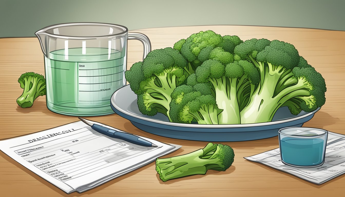 A plate with a serving of broccoli next to a measuring cup and a diabetic diet plan