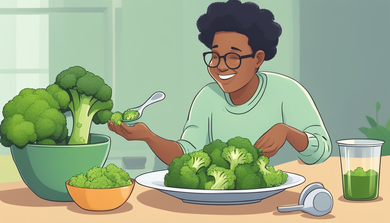 A person with diabetes happily eating a plate full of broccoli, with a measuring cup nearby to show portion size