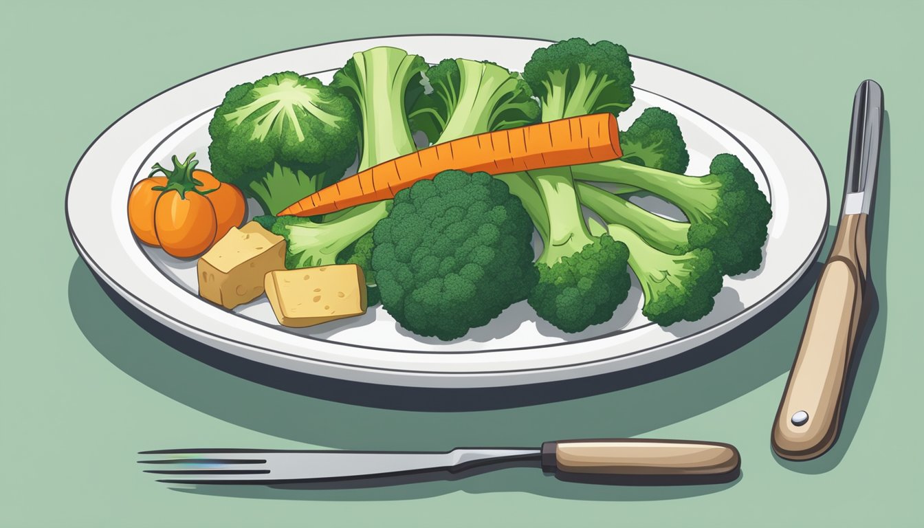 A plate with a portion of broccoli next to other vegetables, with a measuring tool to indicate portion size for a diabetic