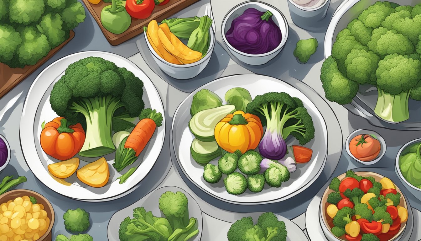 A plate filled with a variety of colorful vegetables, including broccoli, being served in a balanced portion for a diabetic meal