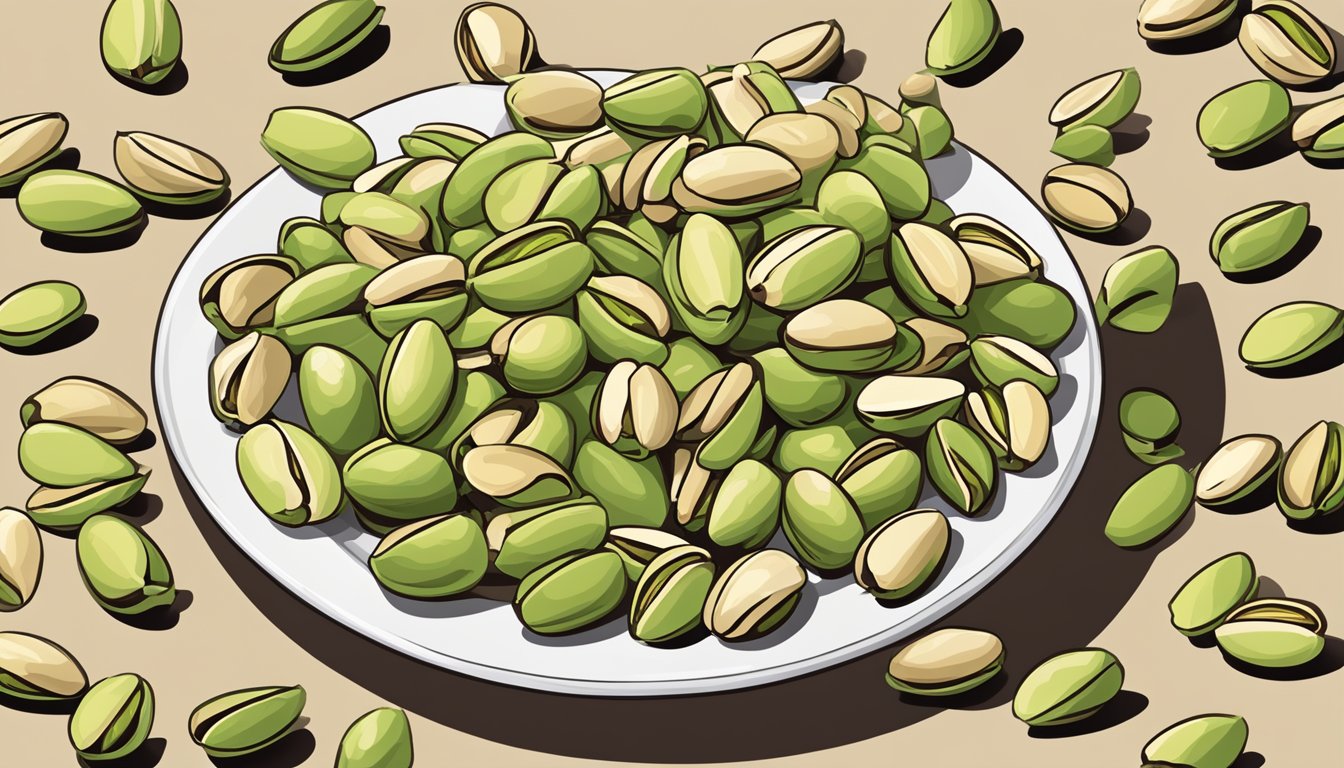 A small pile of pistachios arranged on a plate, with a nutrition label next to it