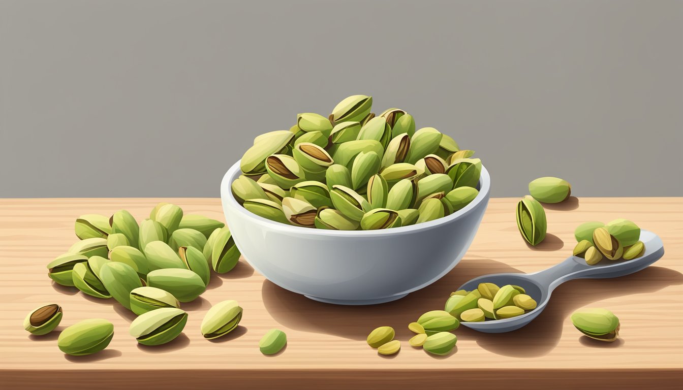 A small bowl of shelled pistachios arranged next to a measuring cup, with a few pistachios spilling out onto a wooden cutting board