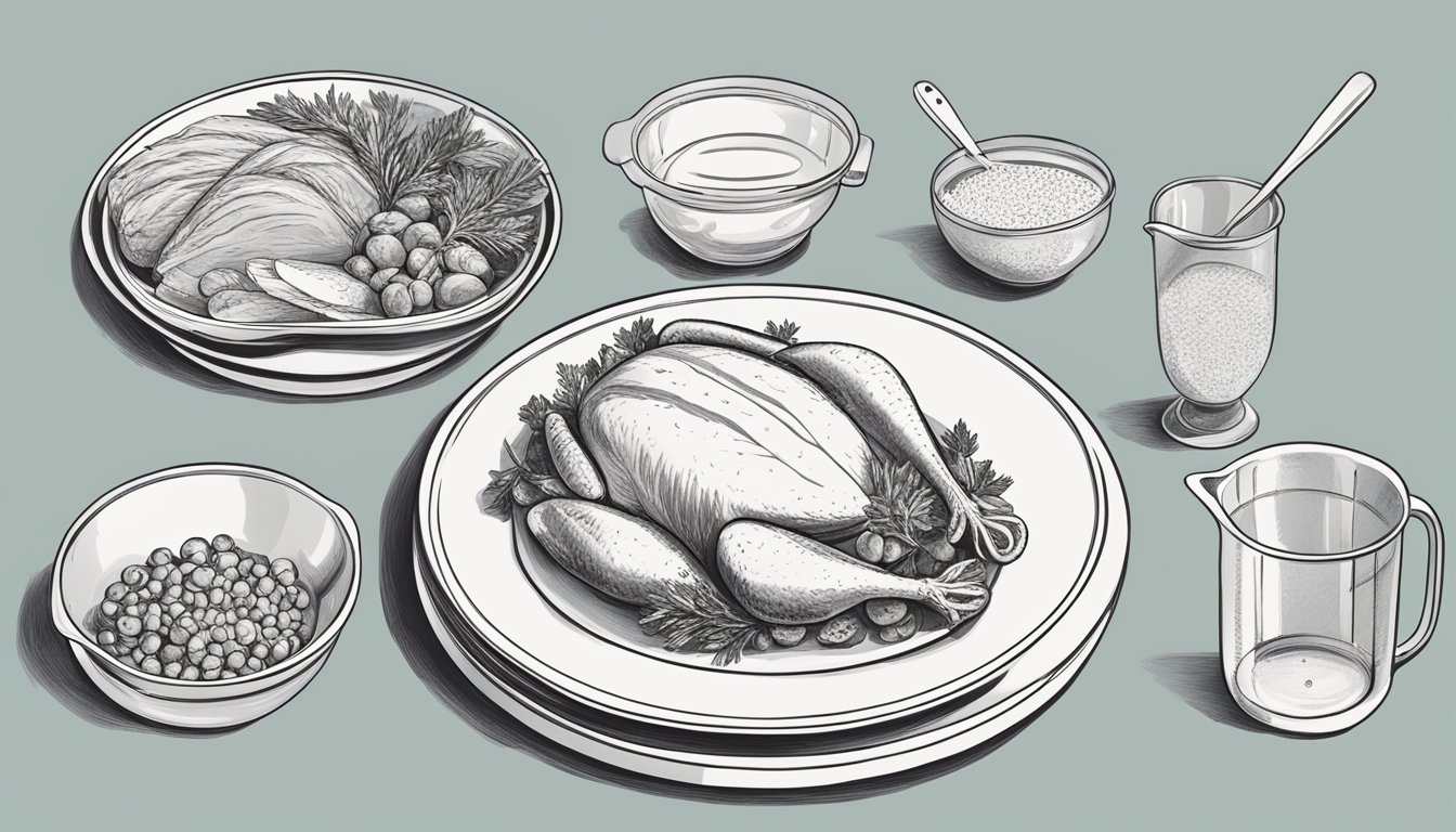 A plate with a measured portion of turkey, surrounded by visual cues of portion sizes (e.g. measuring cups, food scale)