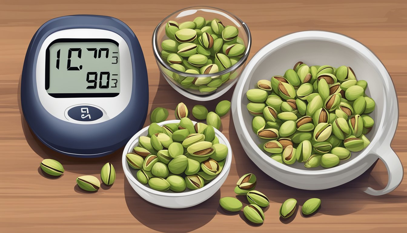 A handful of pistachios next to a measuring cup and a blood glucose monitor on a kitchen counter