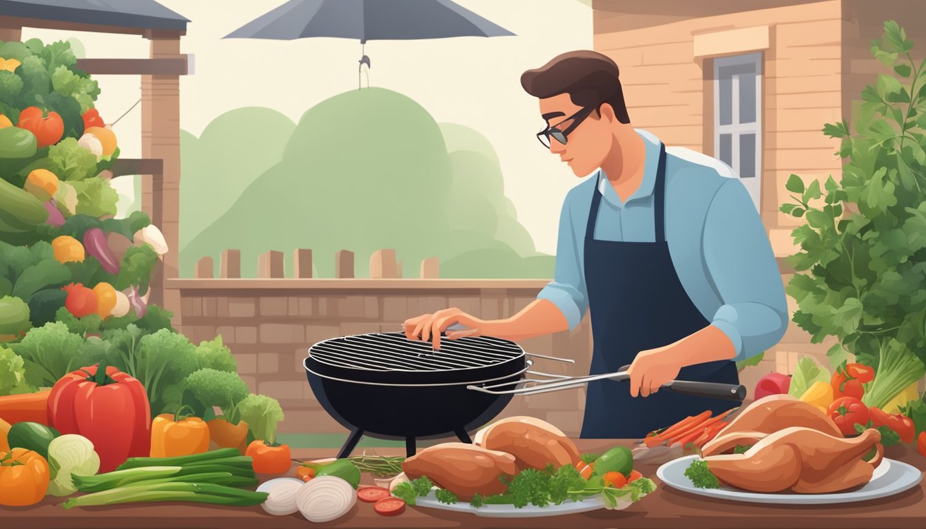 A person grilling a turkey breast on a barbecue, surrounded by fresh vegetables and herbs