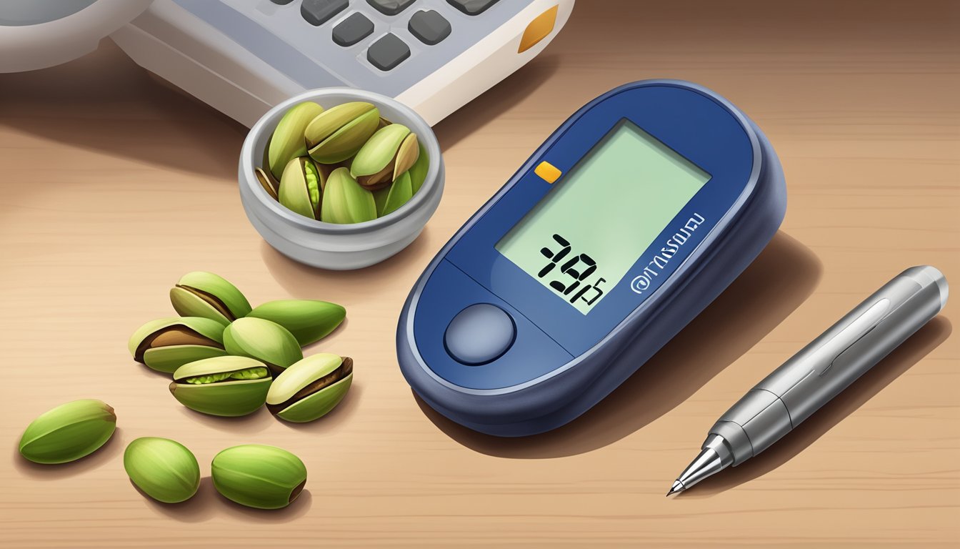 A small pile of pistachios next to a blood glucose monitor and insulin pen