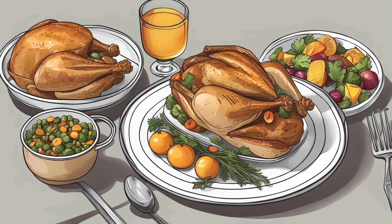 A plate with a portion of roasted turkey, a measuring cup, and a diabetes-friendly food guide