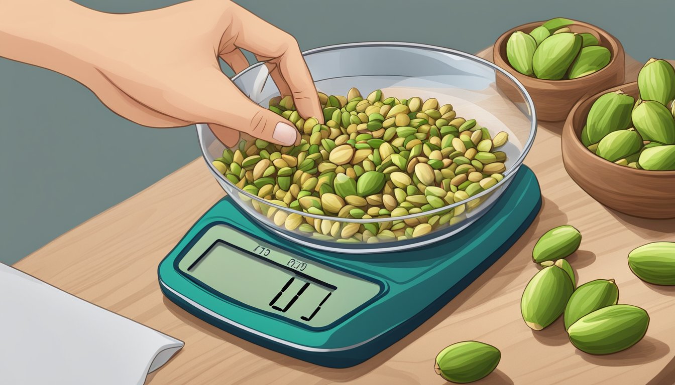 A person with diabetes measuring a portion of pistachios using a small kitchen scale