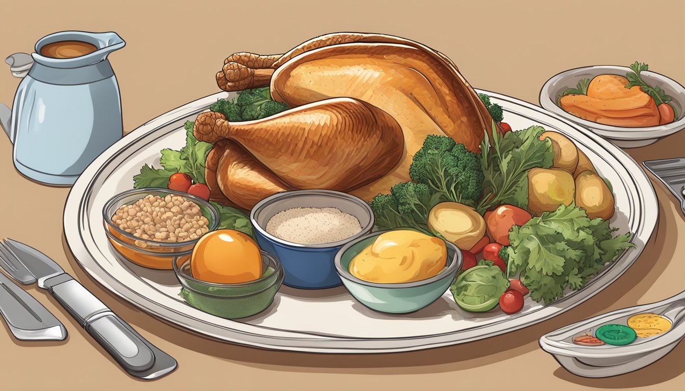 A plate with a portion of turkey, a measuring tool, and a diabetes-friendly food guide