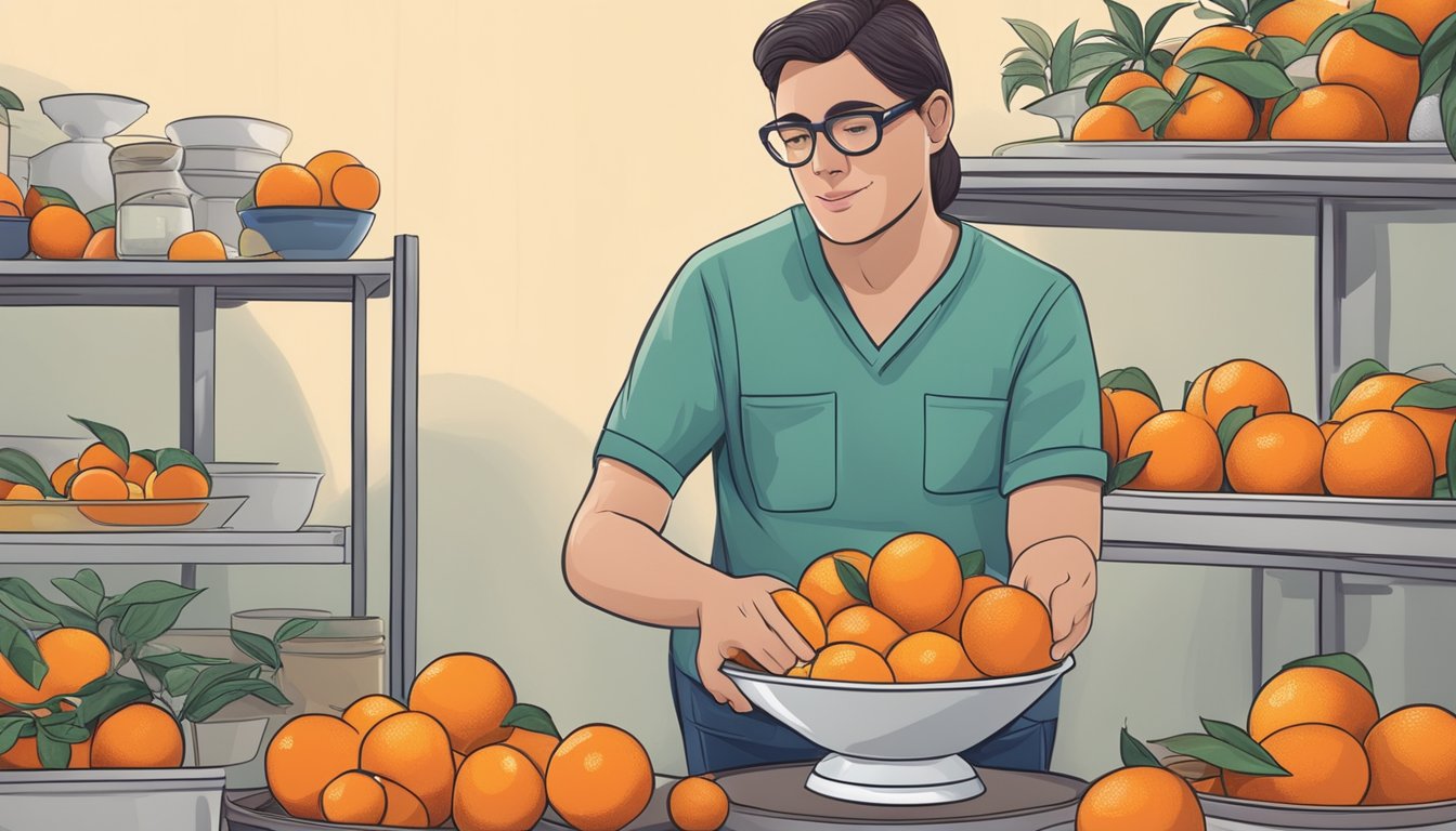 A diabetic carefully selecting oranges from a fruit bowl