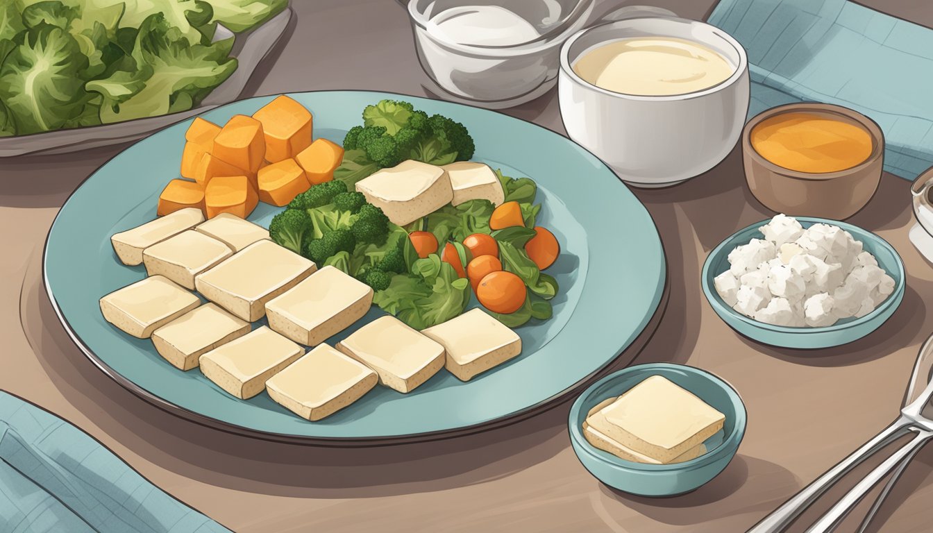 A plate with measured portions of tofu, a measuring cup, and a diabetes-friendly meal plan laid out on a table