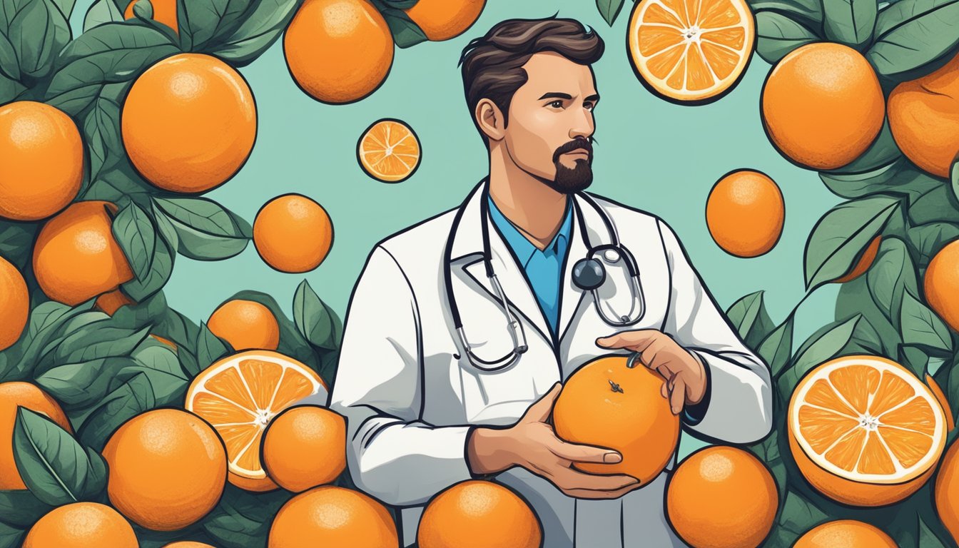 A healthcare professional surrounded by oranges, gesturing with a thoughtful expression