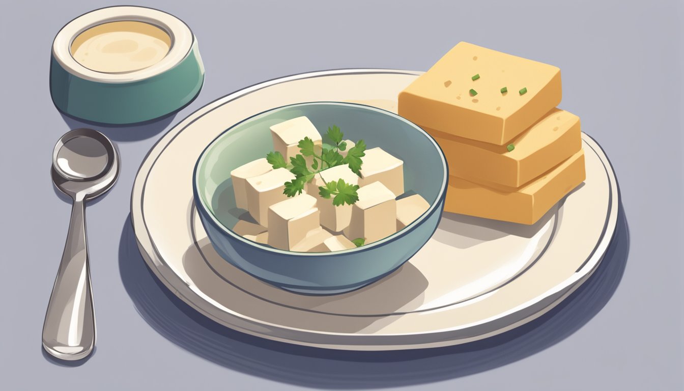 A plate of tofu with a measuring cup next to it, indicating portion size. A diabetes-friendly food guide in the background