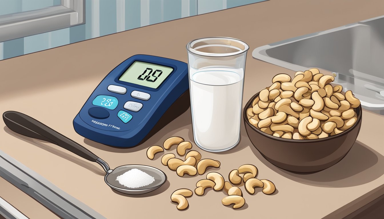 A small pile of cashews next to a measuring cup and a blood sugar monitor on a kitchen counter