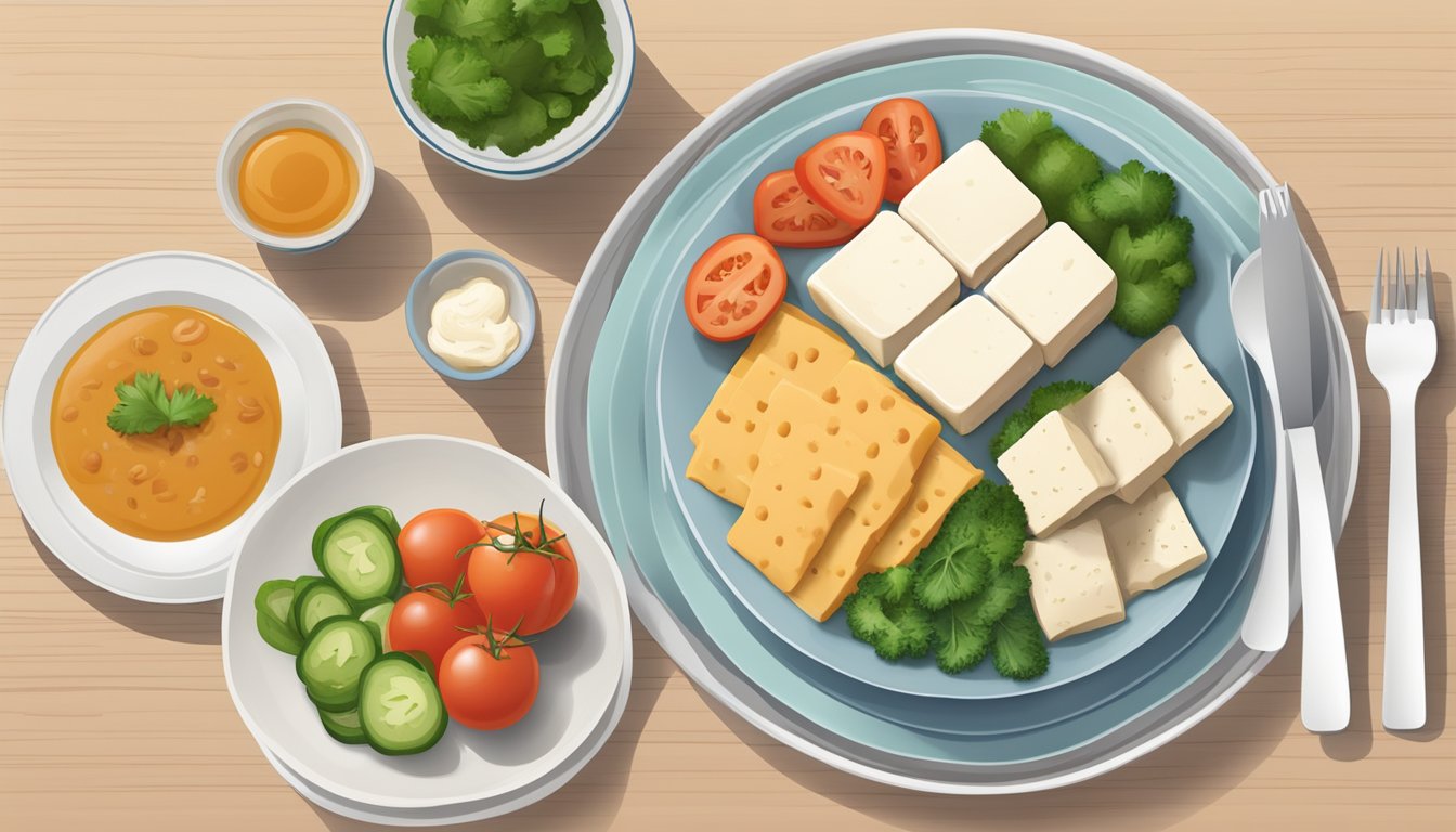 A plate with measured portions of tofu and a diabetic-friendly meal plan spread out on a table