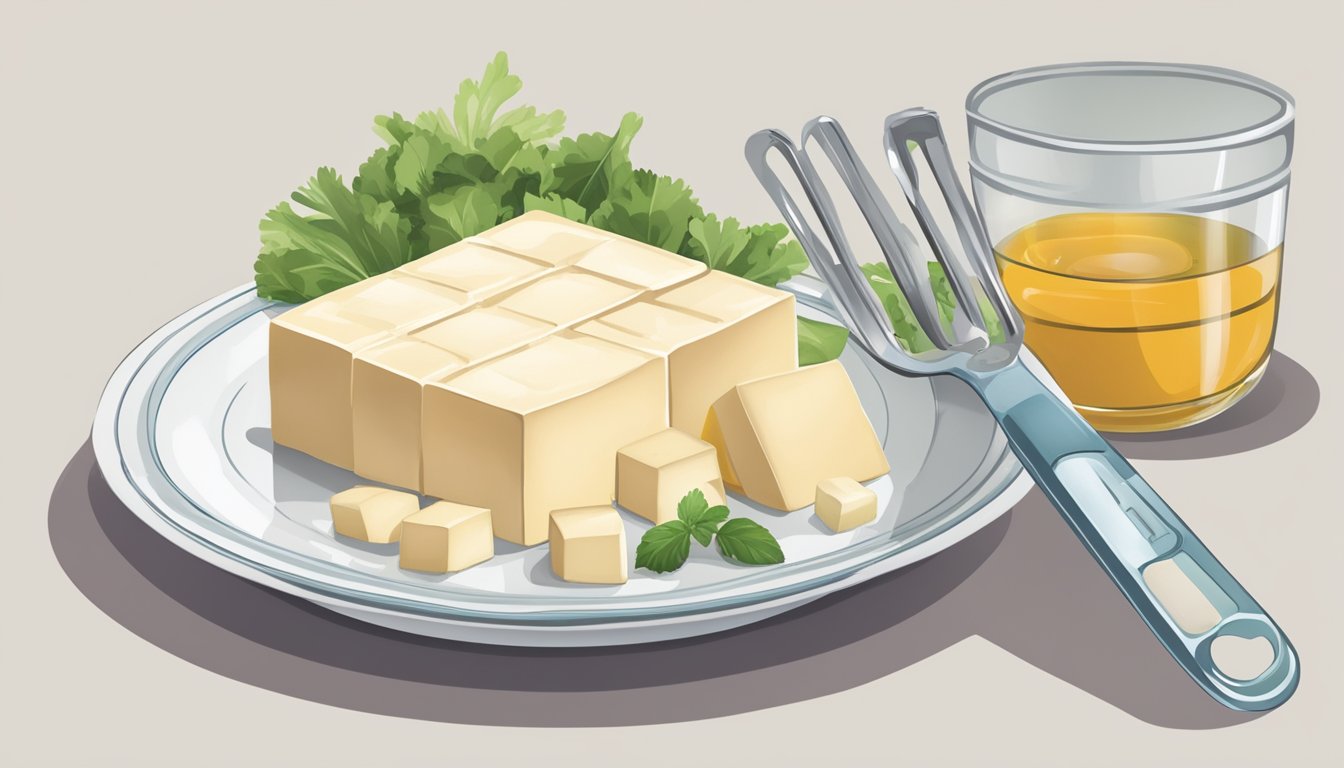 A plate of tofu with a measuring cup next to it, indicating portion control for a diabetic diet