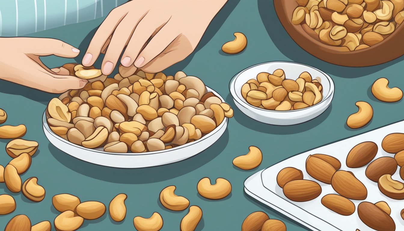 A diabetic carefully counting cashews among a variety of nuts