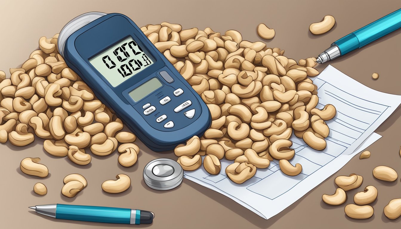 A pile of cashews with a blood glucose monitor and insulin pen nearby