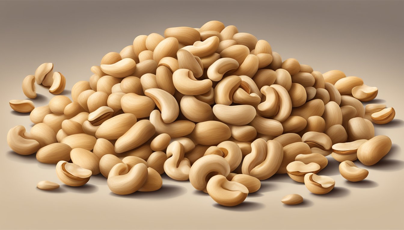 A pile of cashews with a portion size guide for diabetics