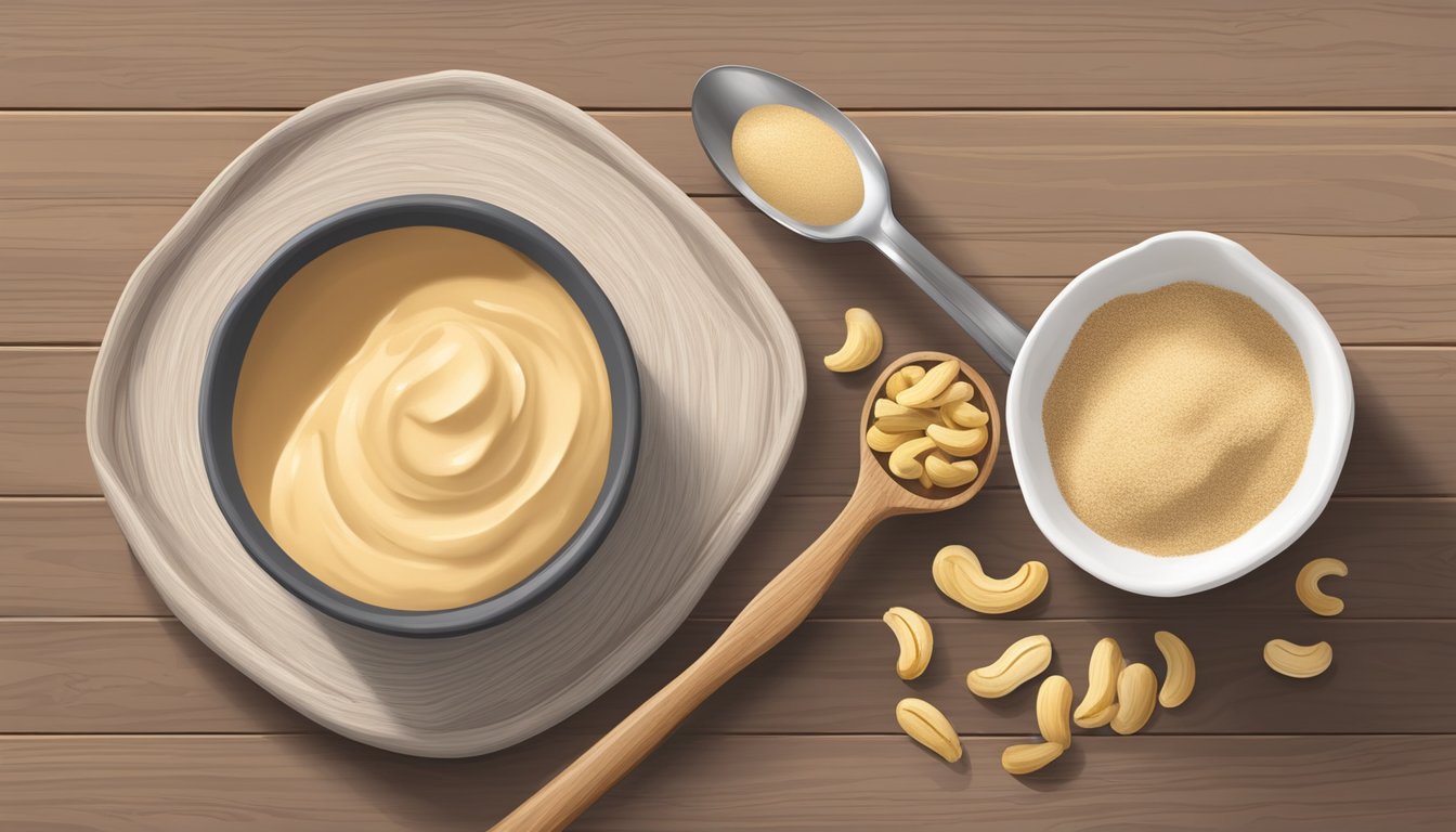 A bowl of cashew butter, cashew milk, and cashew flour arranged on a wooden table, with a measuring cup and spoon nearby