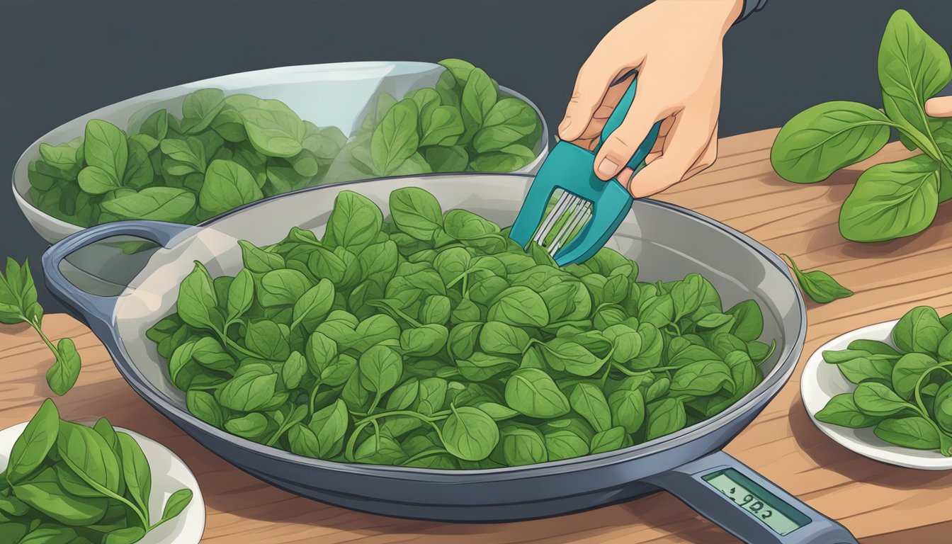 A diabetic carefully measuring and preparing a portion of spinach for their meal