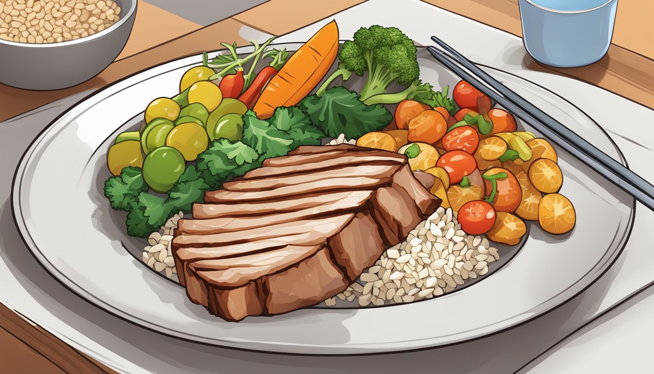 A plate with a moderate portion of grilled lean pork, accompanied by a colorful array of non-starchy vegetables and a small portion of whole grain rice