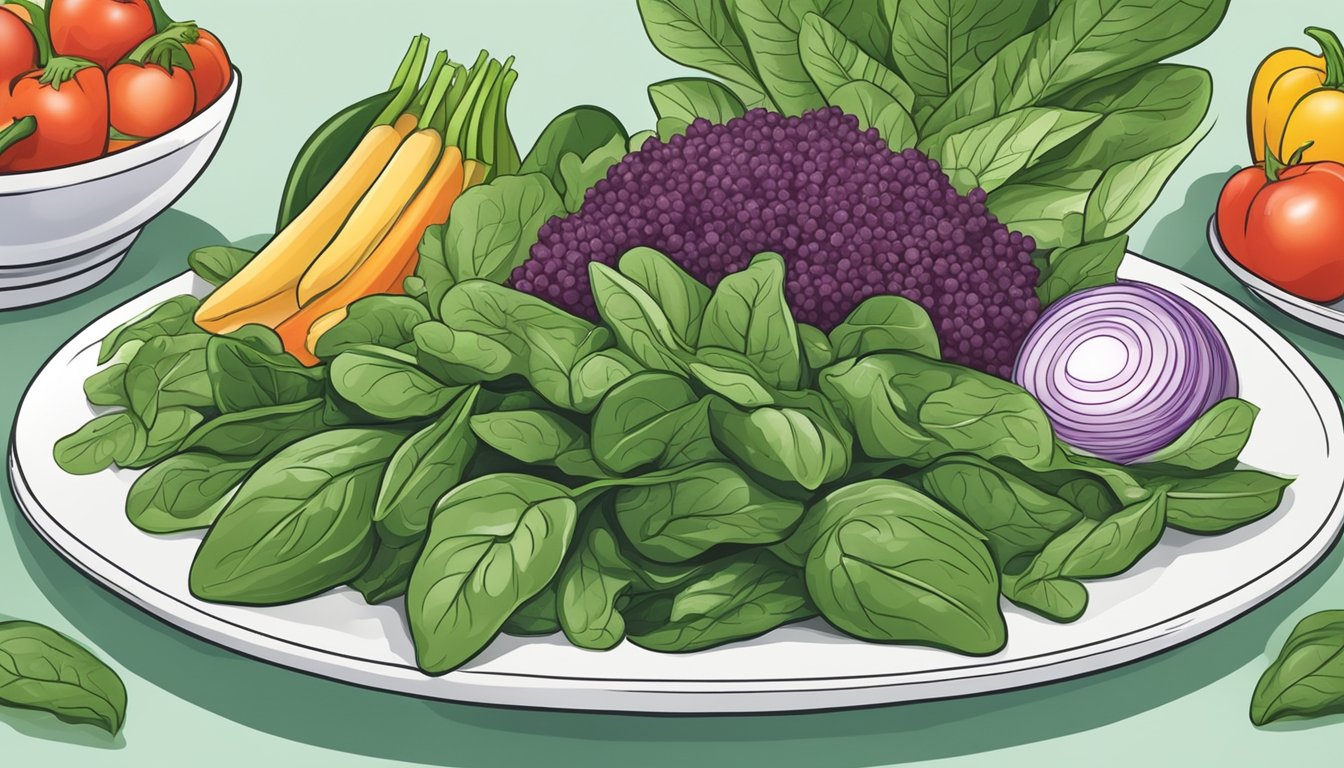 A plate overflowing with fresh spinach leaves, surrounded by other colorful diabetes-friendly vegetables