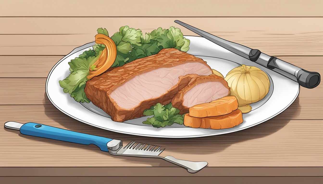 A plate of lean pork with a measuring tool next to it, indicating portion size for a diabetic