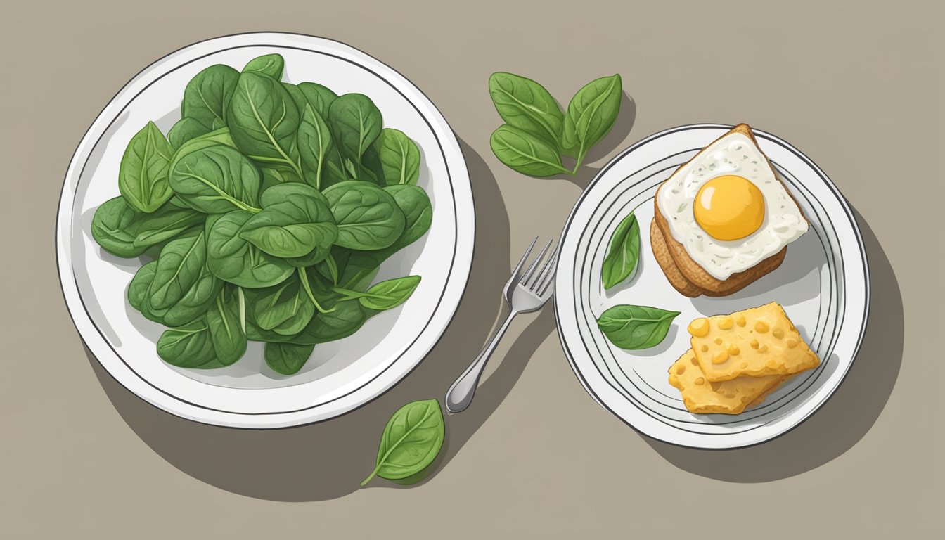 A plate with a measured portion of spinach next to a diabetic-friendly meal