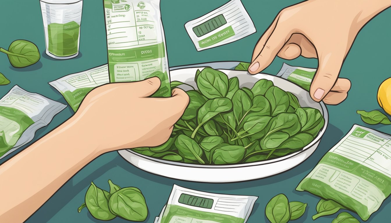 A person measuring out a portion of spinach and checking a nutrition label for serving size