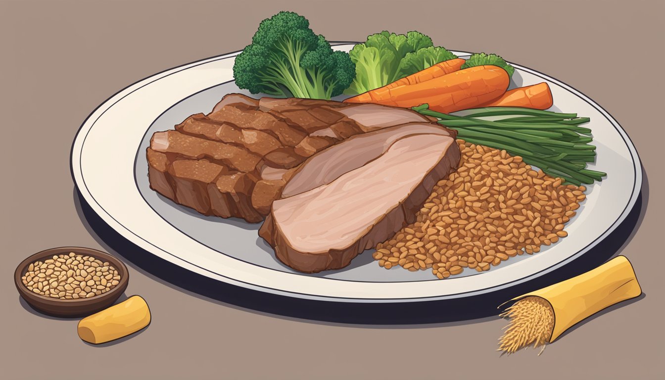 A plate with a portion of lean pork, alongside colorful vegetables and a small serving of whole grains